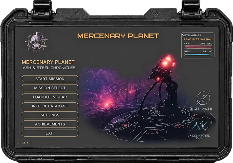 Mercenary Planet: Ash & Steel in-game menu interface