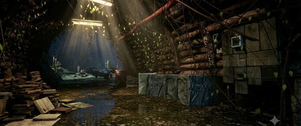 An overgrown bunker with light pouring through the roof