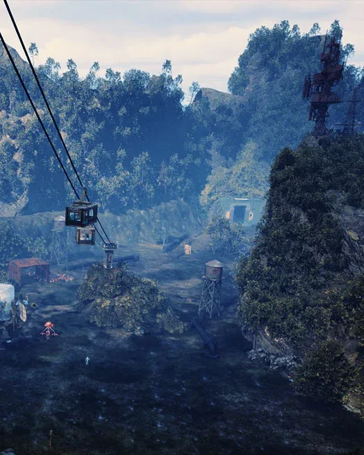 The cable car over the outpost, water towers and the bunker door