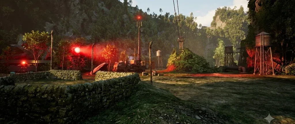 The outpost at dusk: signal truck, water towers and the cable line