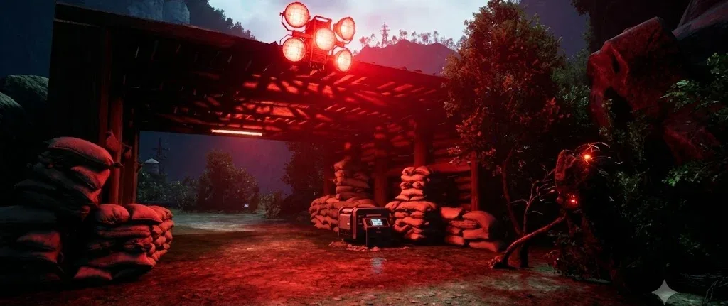A sandbagged shelter under red floodlights