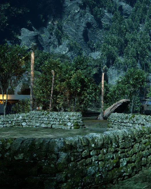 Dry-stone walls at the edge of the jungle outpost